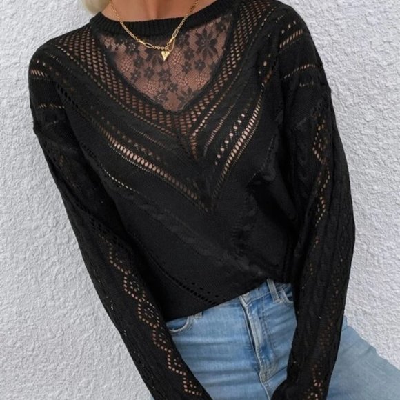 Lace Detailed Long sleeve Knit Sweater  Top Black - Picture 4 of 6